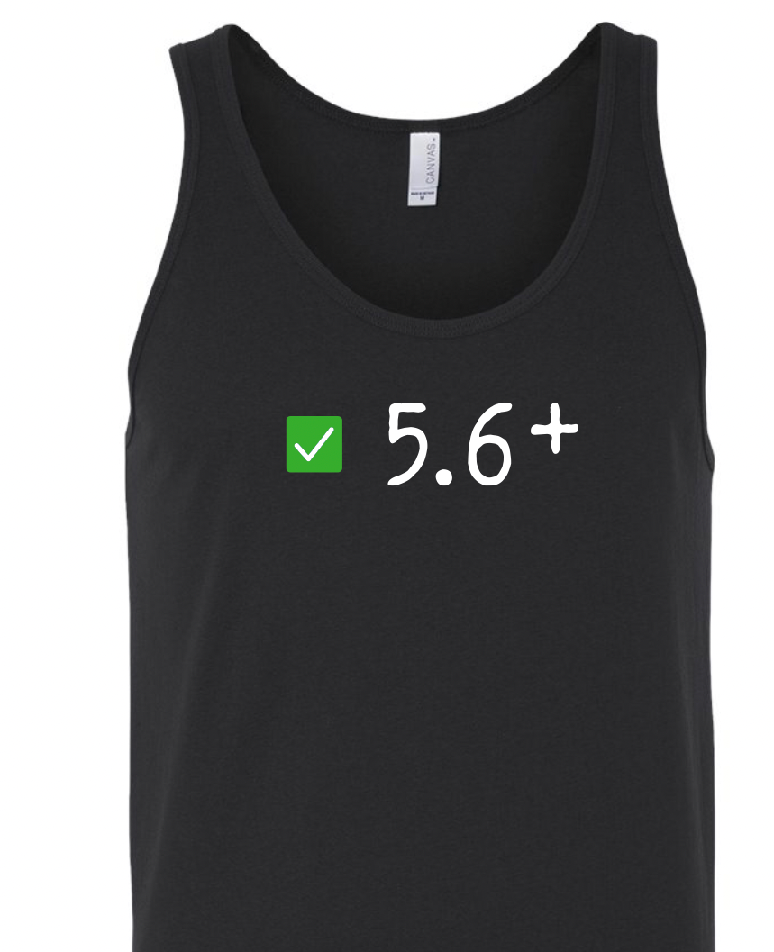 A black tank top with '5.6+' text design on the front.