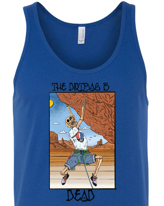 Blue tank top with 'The Dirtbag is Dead' text and an illustration of a person climbing a rock.