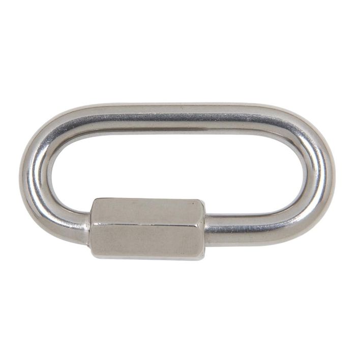 A silver 8mm oval screw link stainless steel quicklink carabiner.