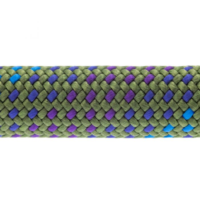 Braided green and purple rope on a white background