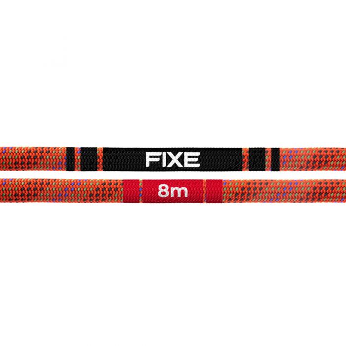 Red climbing rope with black label displaying 'FIXE' and '8m' on a white background