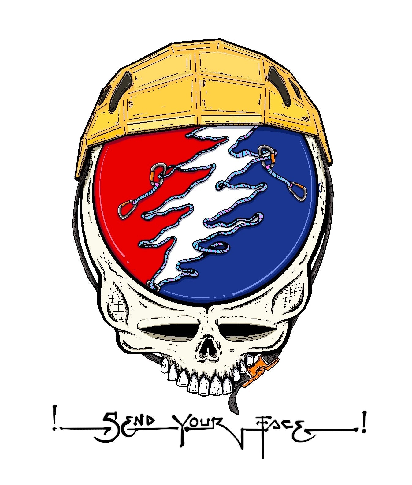 A sticker design featuring a skull wearing a yellow hard hat with a red, white, and blue helmet design, and the phrase 'SEND YOUR FACE!' in bold, black text.