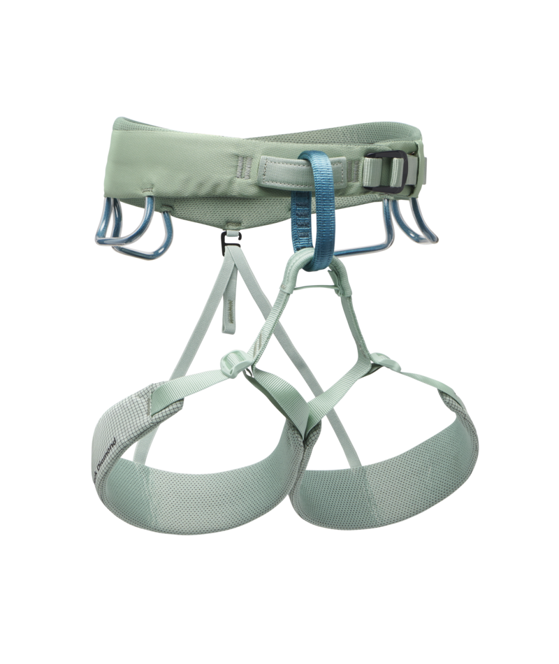 Light green climbing harness on a white background