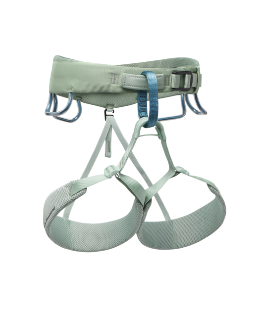 Light green climbing harness on a white background