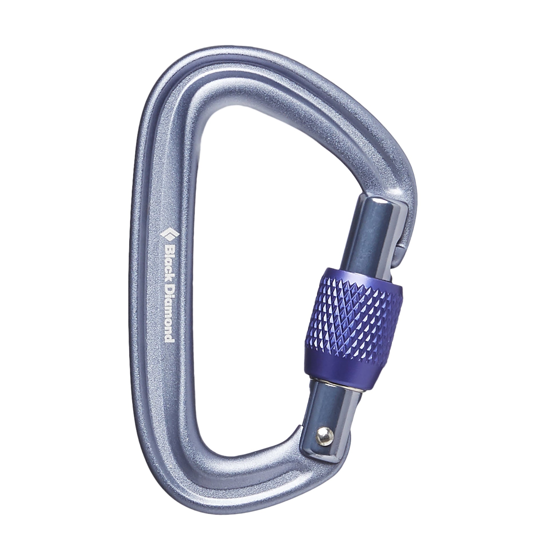 Silver and blue carabiner with Black Diamond logo on a white background