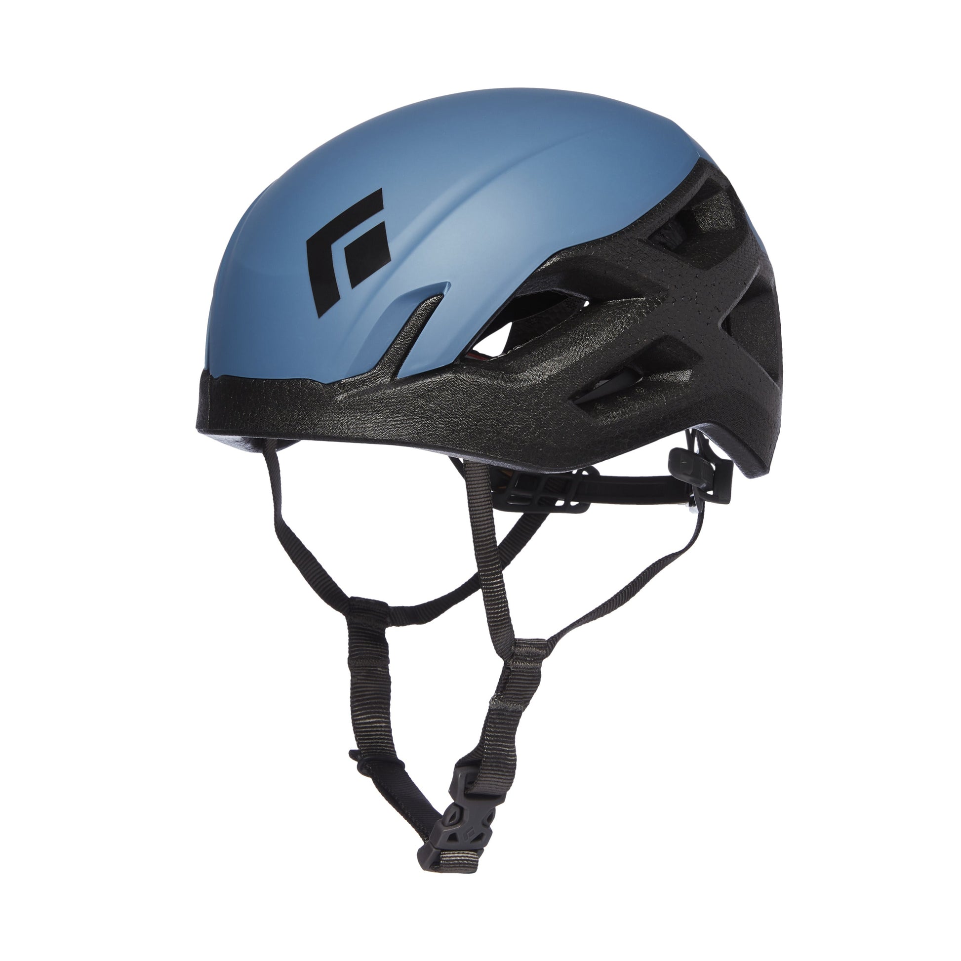 Blue climbing helmet with black straps on a white background