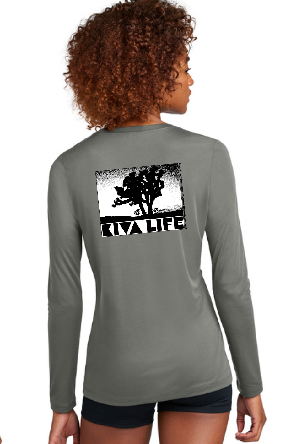 Back of women's Kiva Life Crew Neck Grey Sun Shirt