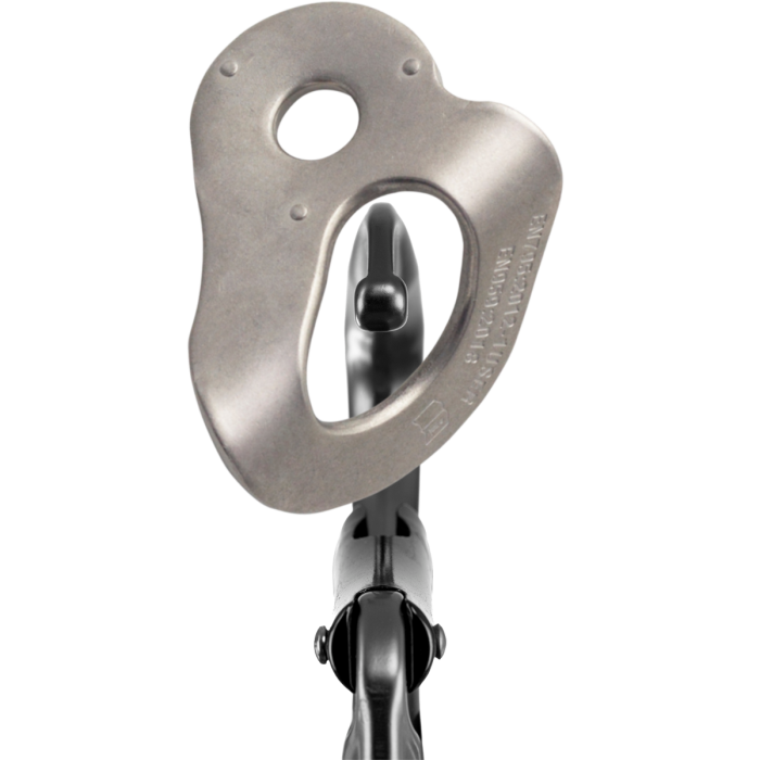 Metallic climbing device on a white background