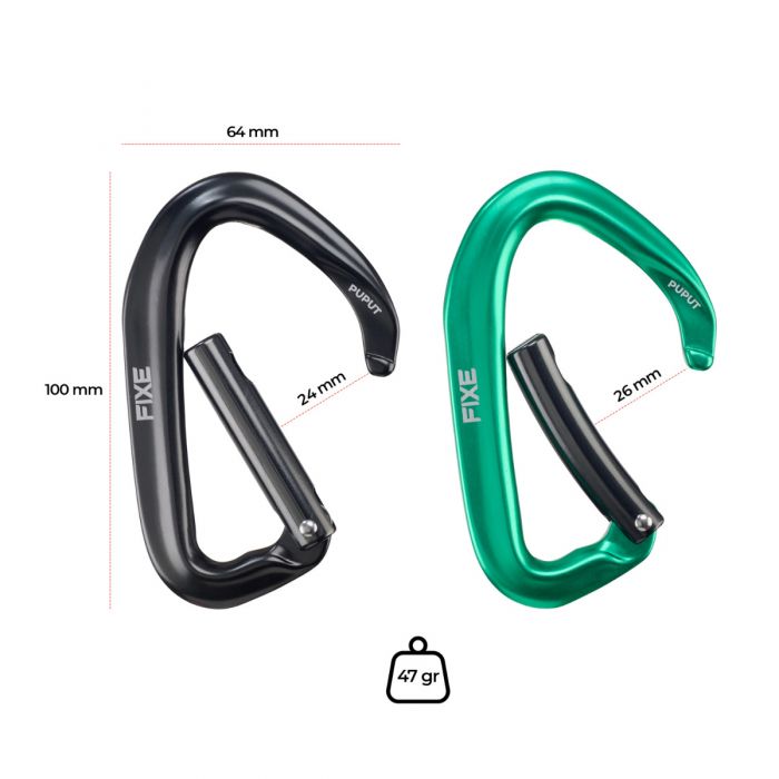 Two carabiners, one black and one green, with measurements and weight displayed on a white background.