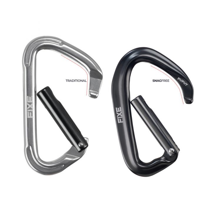 Two carabiners, one labeled 'Traditional' and the other 'Snagfree Pure', on a white background.