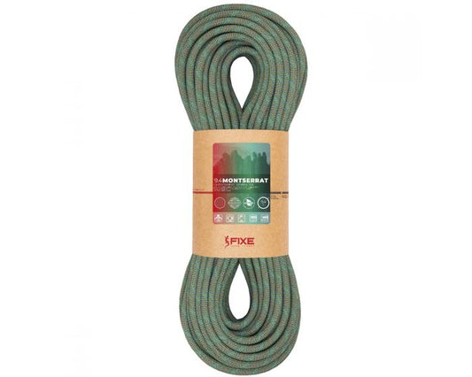 Green climbing rope with a label on a white background
