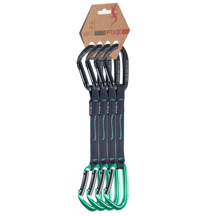 Set of climbing quickdraws with green accents on a white background, featuring the FIXE brand.