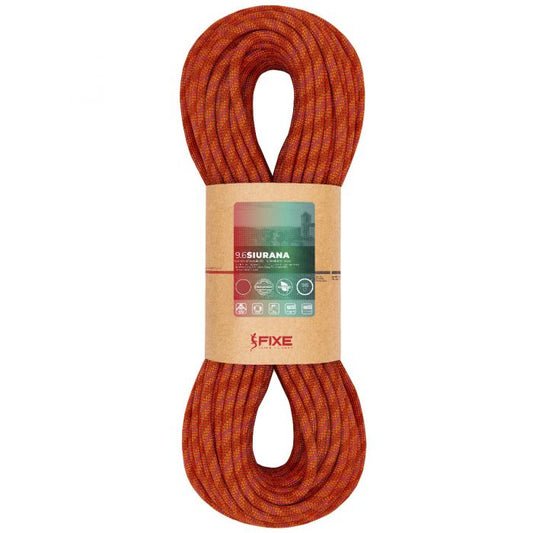 Red climbing rope with Fixe label on a white background